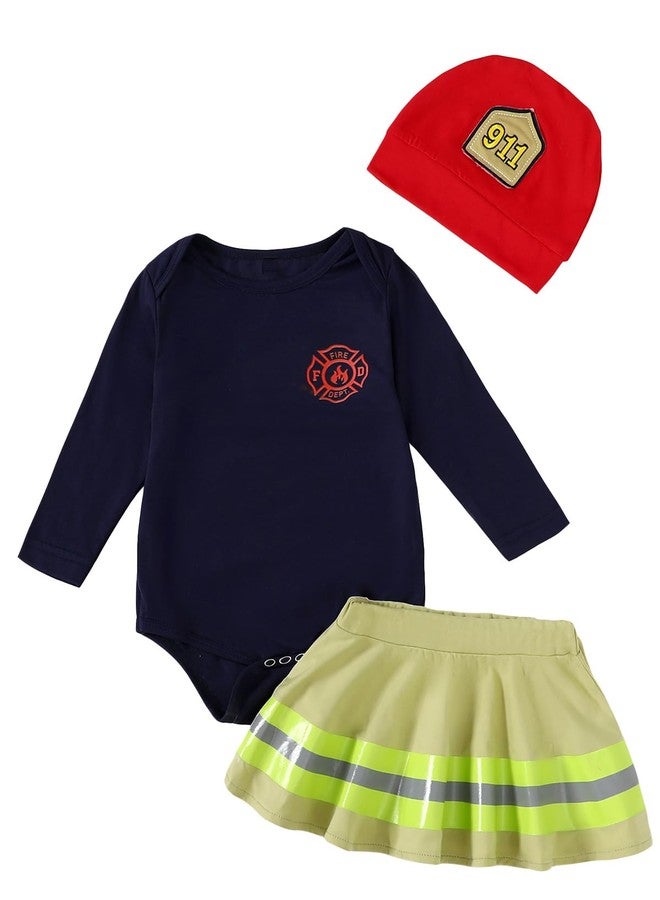 Happidoo Baby Girl Costume Outfit Fireman Costume Clothes Firefighter Skirt Set (Blue Long-Firefighter,6-12 Months) - Image 1